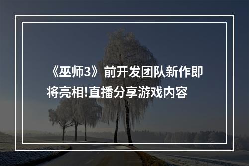 《巫师3》前开发团队新作即将亮相!直播分享游戏内容