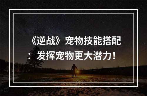 《逆战》宠物技能搭配：发挥宠物更大潜力！